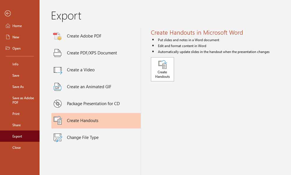 export create handouts powerpoint