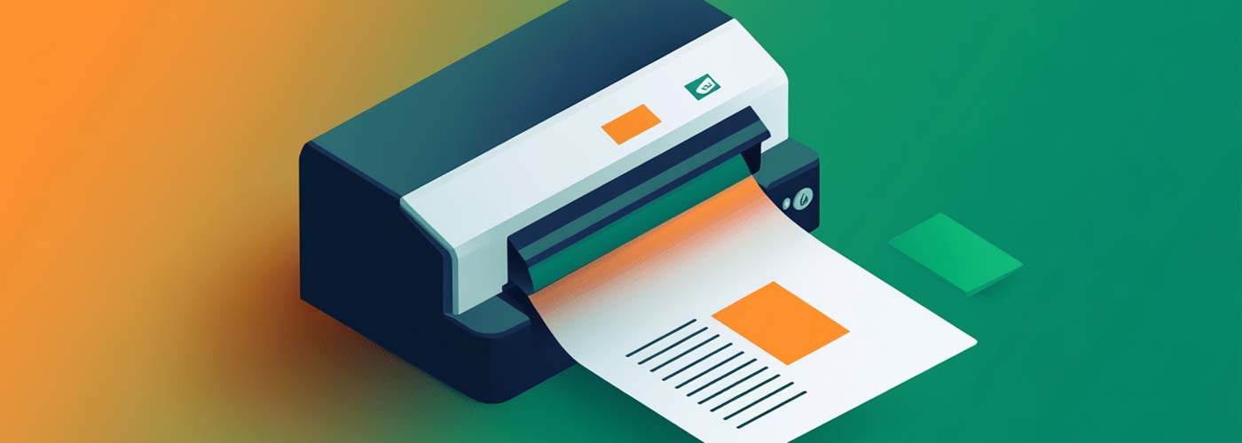 An illustration of a printer printing notes on paper in green and orange colours.